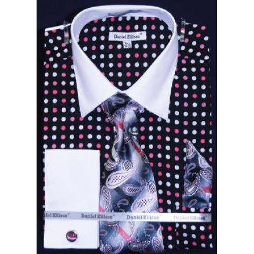 Daniel Ellissa Black / Fuchsia Multi Polka Dot Shirt / Tie / Hanky Set With Free Cufflinks DS3769P2